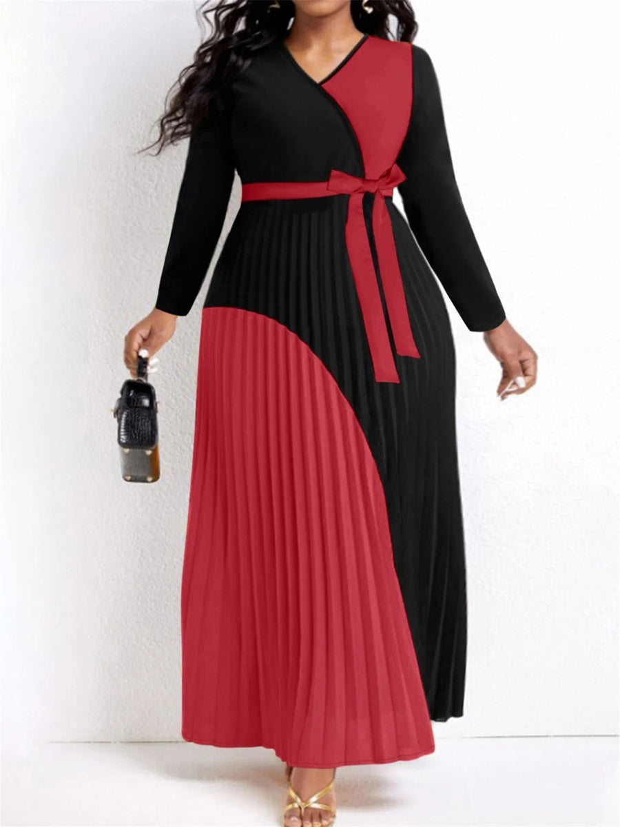 Elegant Maxi Bandage Design Belted Long Sleeve V Neck Dress