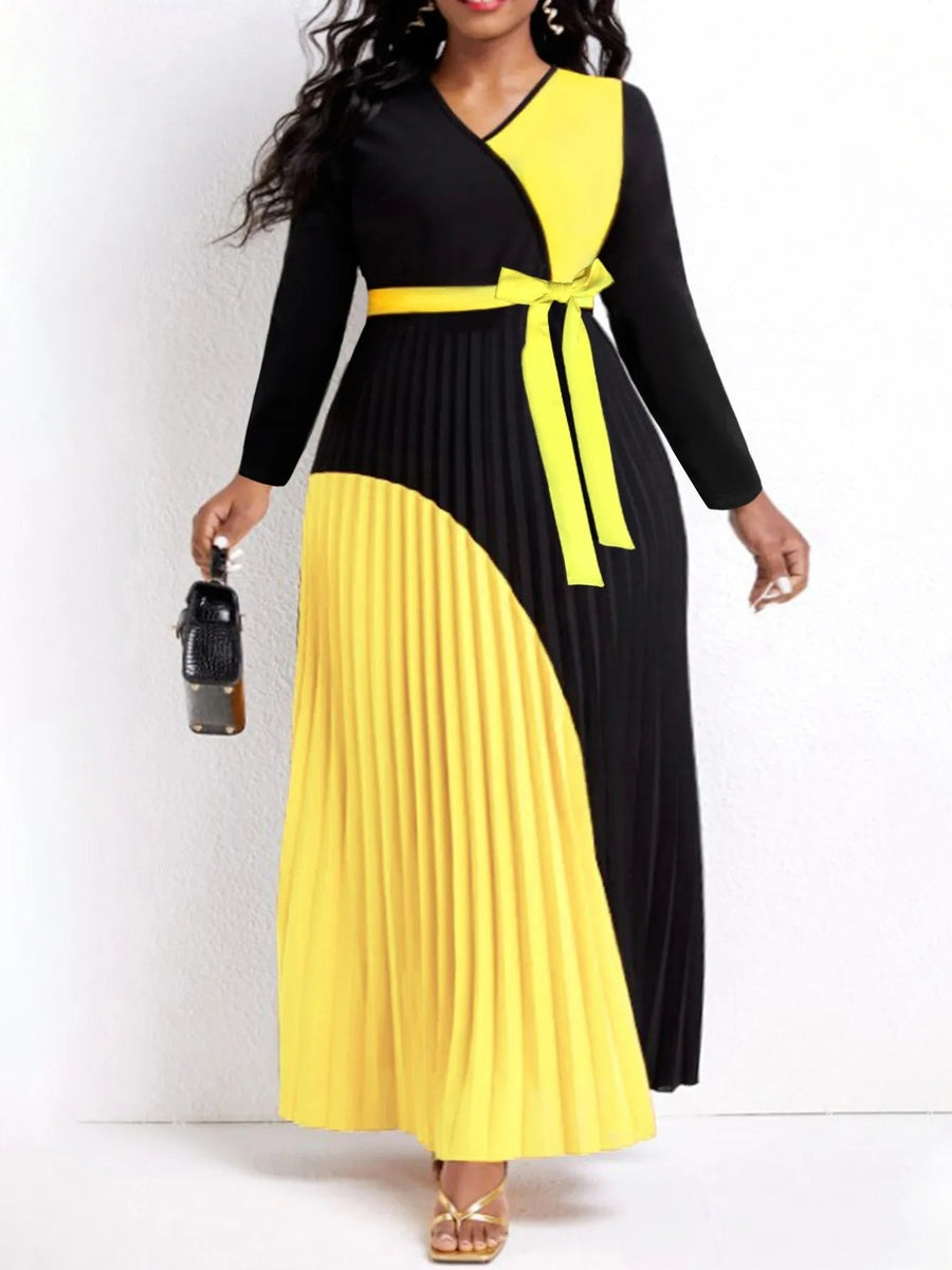 Elegant Maxi Bandage Design Belted Long Sleeve V Neck Dress