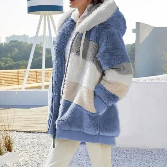 Winter Warm Plush Pocket Hooded Loose Lady Outerwear Coat