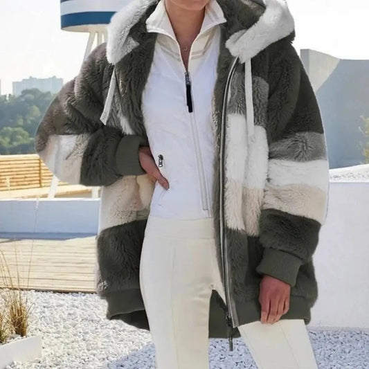 Winter Warm Plush Pocket Hooded Loose Lady Outerwear Coat