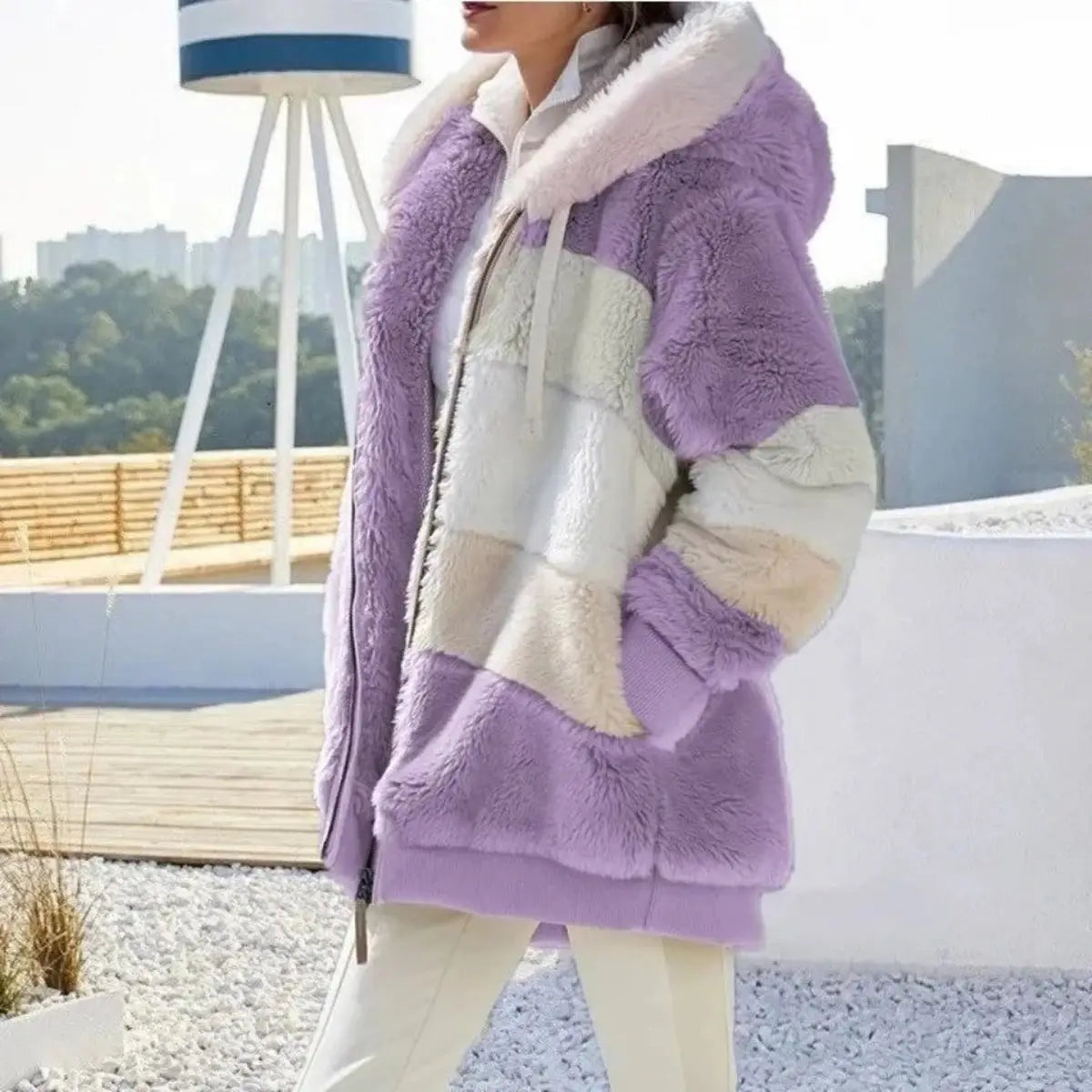 Winter Warm Plush Pocket Hooded Loose Lady Outerwear Coat
