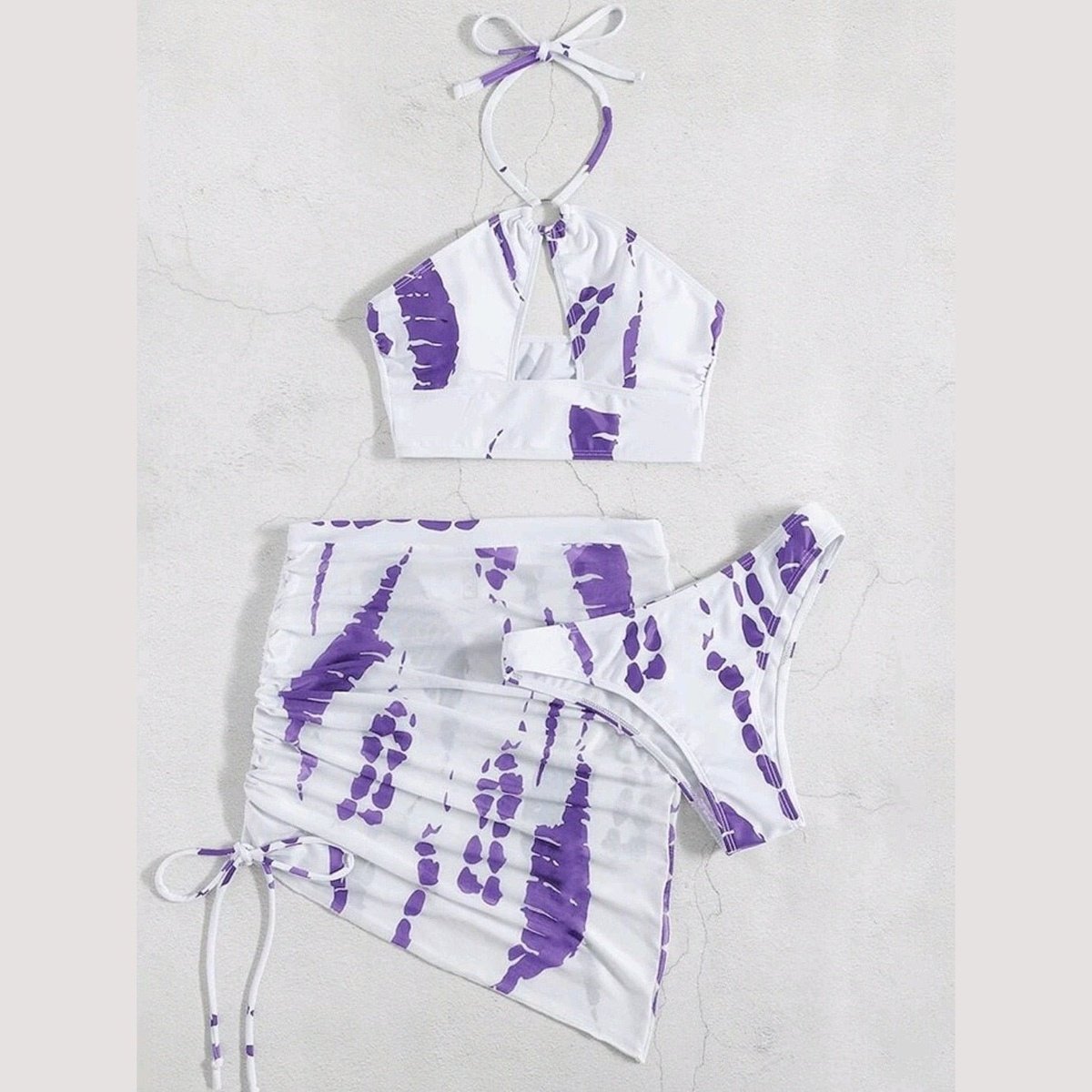 Women Swimwear 3-Piece Halter Thong Bikini with Printed Skirt