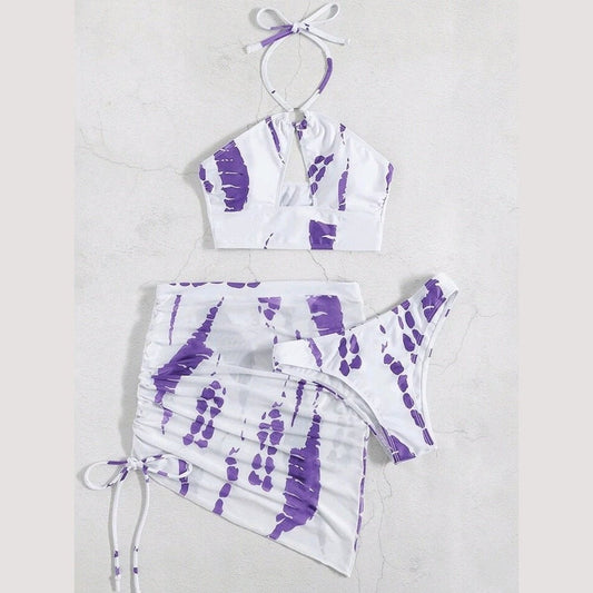 Women Swimwear 3-Piece Halter Thong Bikini with Printed Skirt