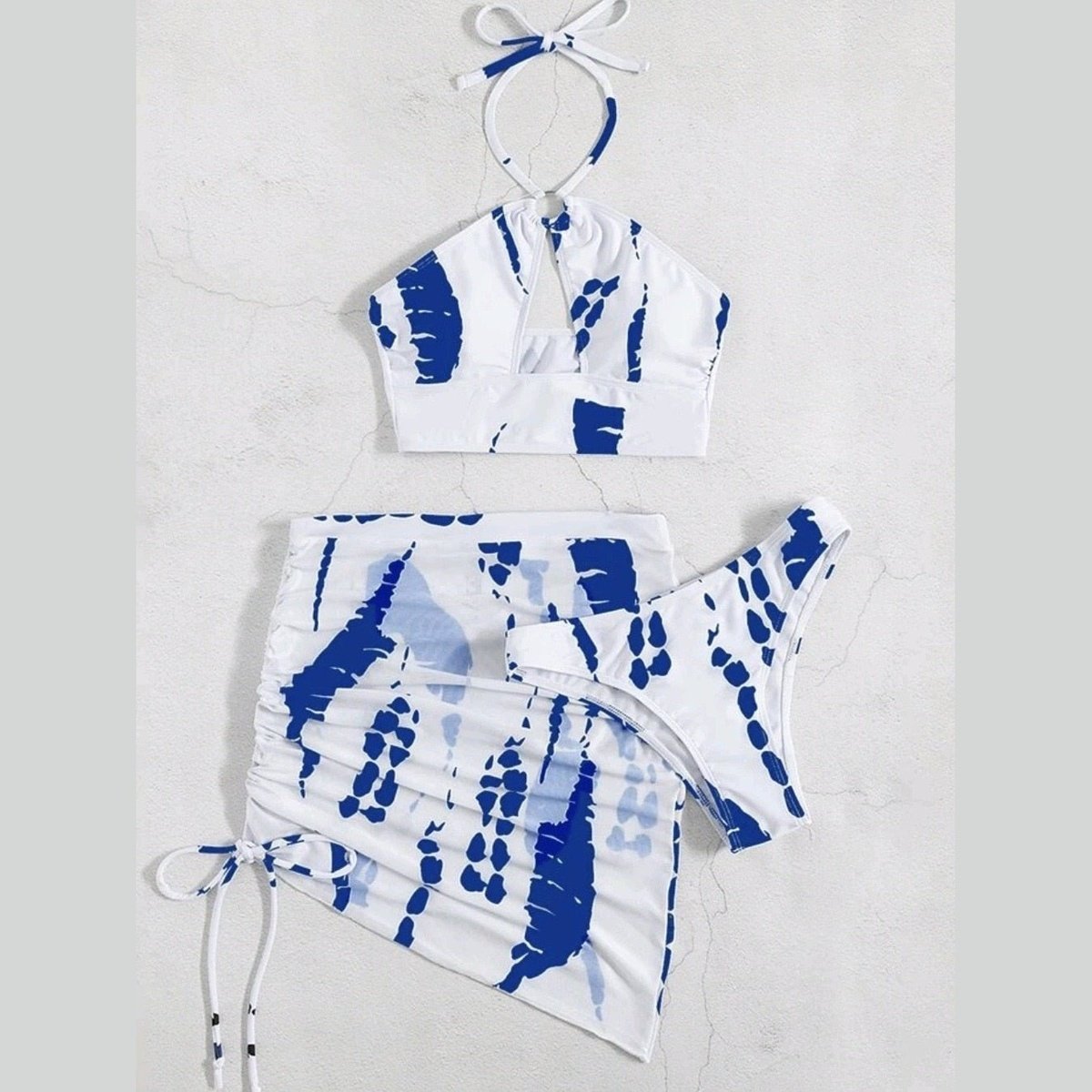 Women Swimwear 3-Piece Halter Thong Bikini with Printed Skirt