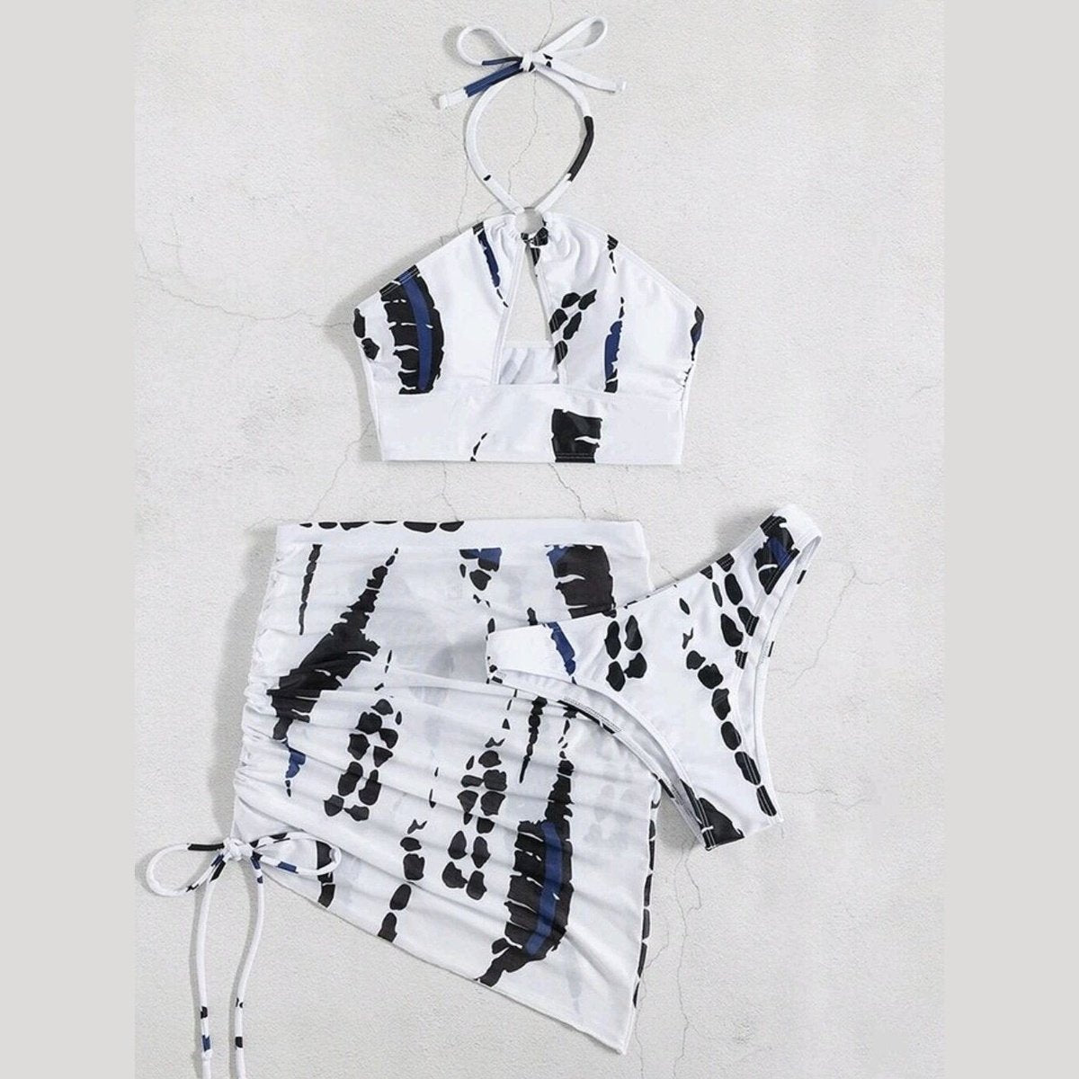 Women Swimwear 3-Piece Halter Thong Bikini with Printed Skirt