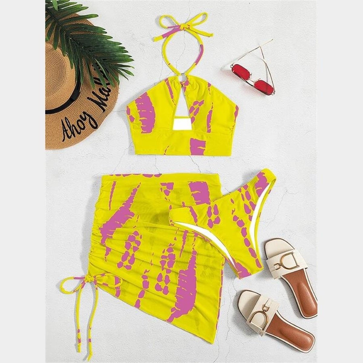 Women Swimwear 3-Piece Halter Thong Bikini with Printed Skirt