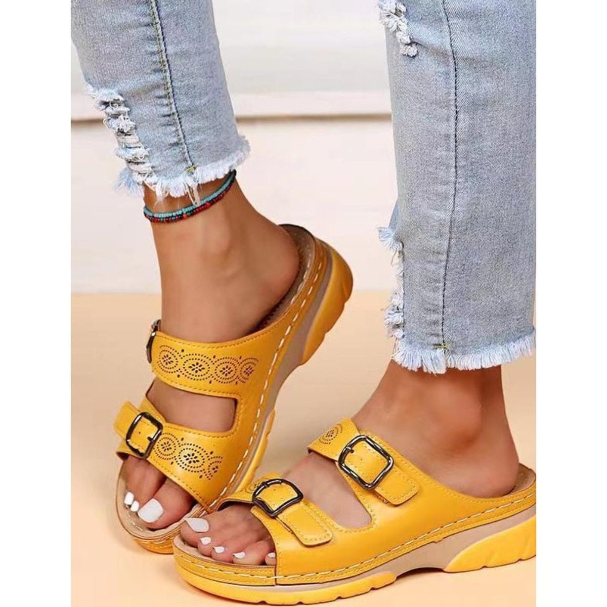 Women Double Buckle Wedge Sandals Plus Size Casual Slippers