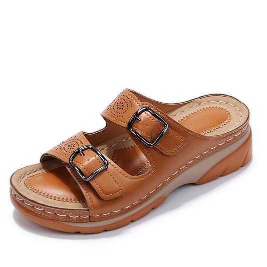 Women Double Buckle Wedge Sandals Plus Size Casual Slippers