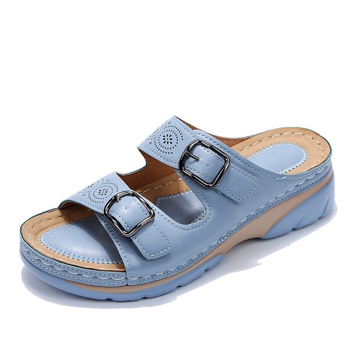 Women Double Buckle Wedge Sandals Plus Size Casual Slippers