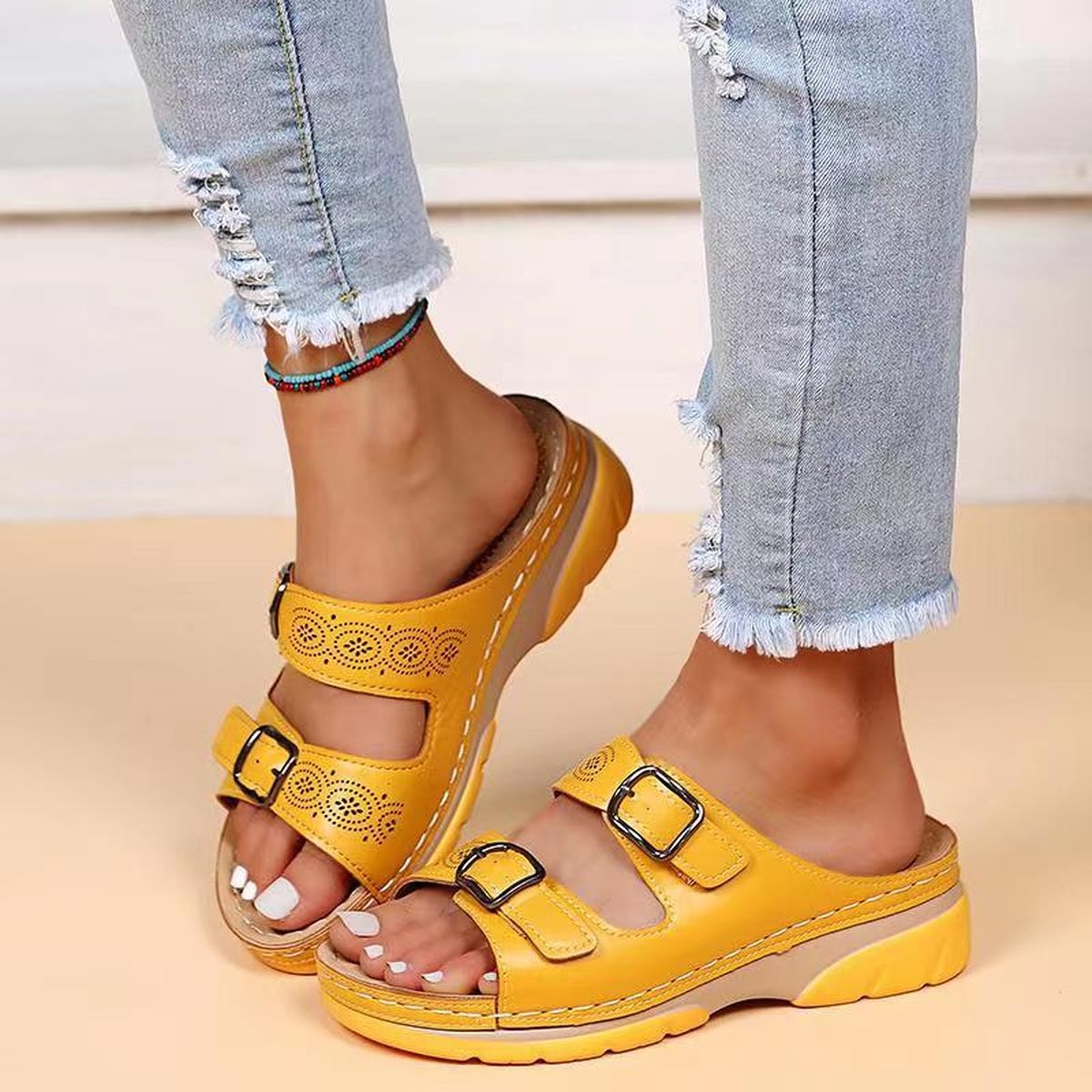 Women Double Buckle Wedge Sandals Plus Size Casual Slippers