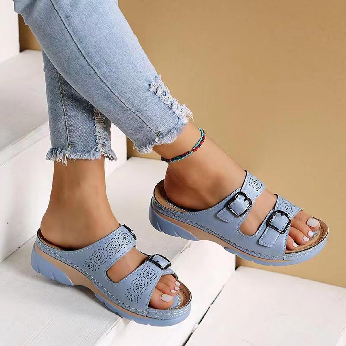 Women Double Buckle Wedge Sandals Plus Size Casual Slippers
