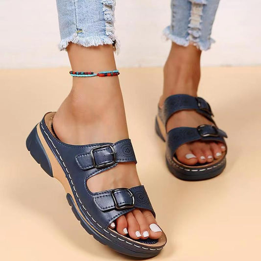 Women Double Buckle Wedge Sandals Plus Size Casual Slippers