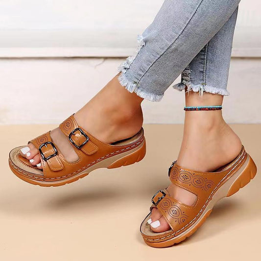 Women Double Buckle Wedge Sandals Plus Size Casual Slippers