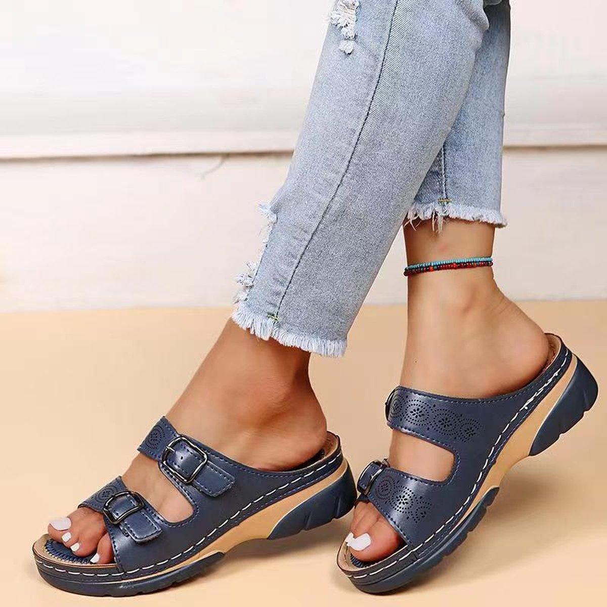Women Double Buckle Wedge Sandals Plus Size Casual Slippers